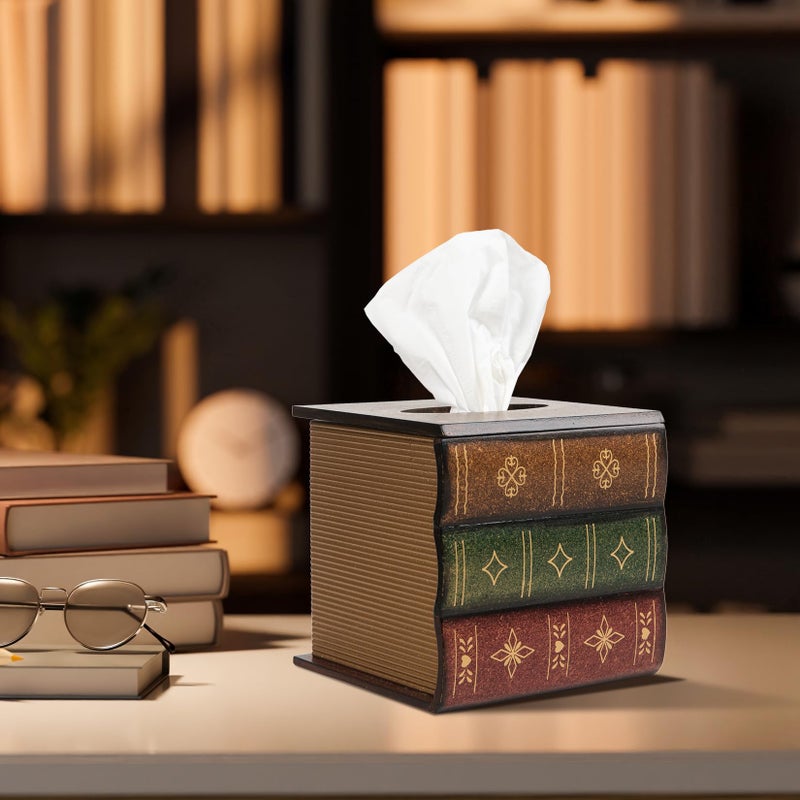 VERGOODR Crafted Classical Retro Wooden Antique Book Tissue Box Cover Square Tissue Holder Dispenser Paper Cover Case Napkin Holder Home Decor for Bathroom Living Room Office car Kitchen (brown) - Image 2